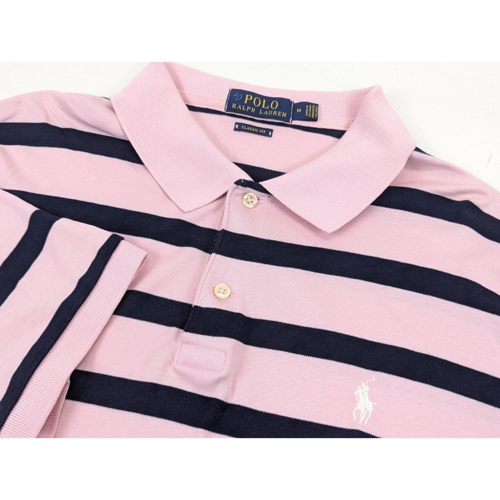 Polo Ralph Lauren Polo Shirt Mens Medium Pink Blue Stripe Embroidered Pony Retro